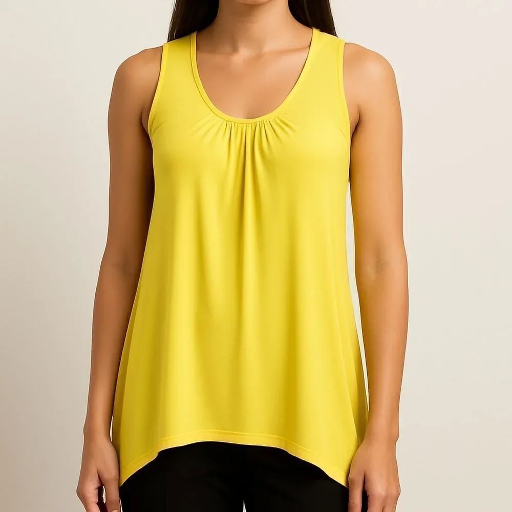 Slinky Brand Yellow Gathered Scoop Neck Tunic Tank Women’s Sz Small Asymmetrical